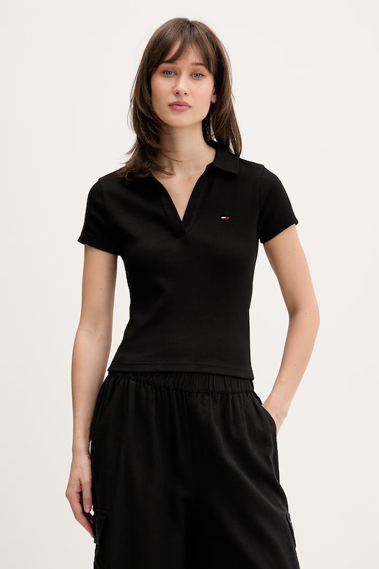 Tommy Jeans polo damskie bawełniane z elastanem czarny DW0DW22326