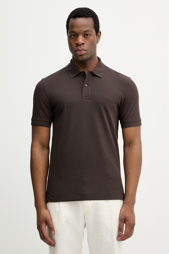Bombažen polo BOSS Pallas Brez vzorca rjava 50553564