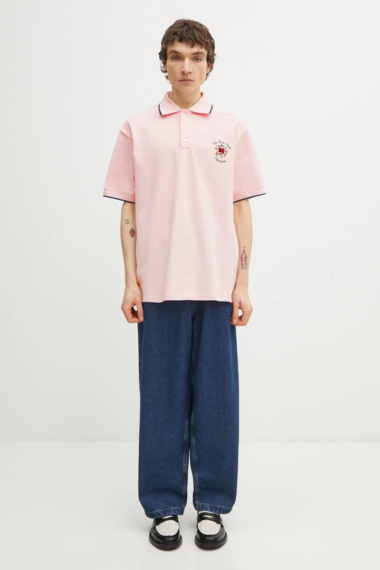 Βαμβακερό μπλουζάκι πόλο Drôle de Monsieur Polo Piqué Slogan Rose J.PL161.CO264.LPI ροζ