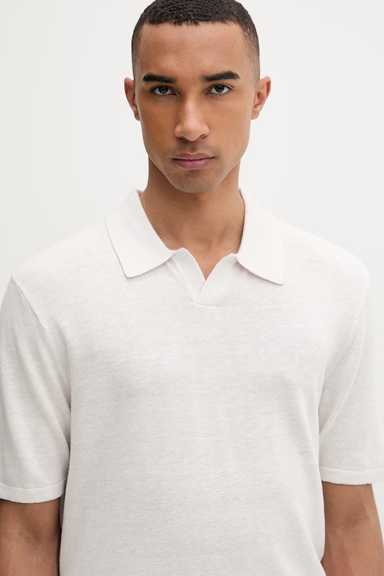 Calvin Klein Πλεκτό μπλουζάκι πόλο ανδρικό με πρόσμιξη λινού μπεζ LV04LF313G