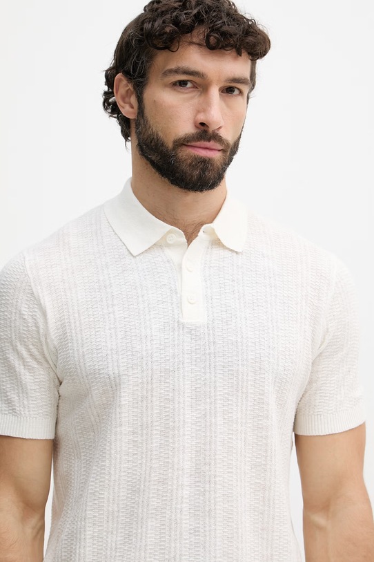 United Colors of Benetton úpletové polo tričko pánske s prímesou ľanu béžová 1DC3U301T