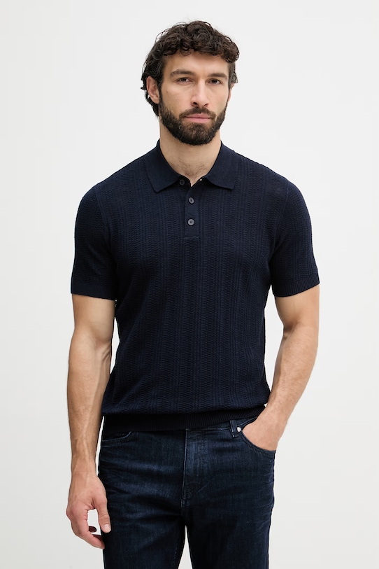 United Colors of Benetton тениска тип пуловер с яка мъжка с добавен лен тъмносин 1DC3U301T