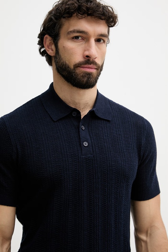 United Colors of Benetton тениска тип пуловер с яка мъжка с добавен лен тъмносин 1DC3U301T