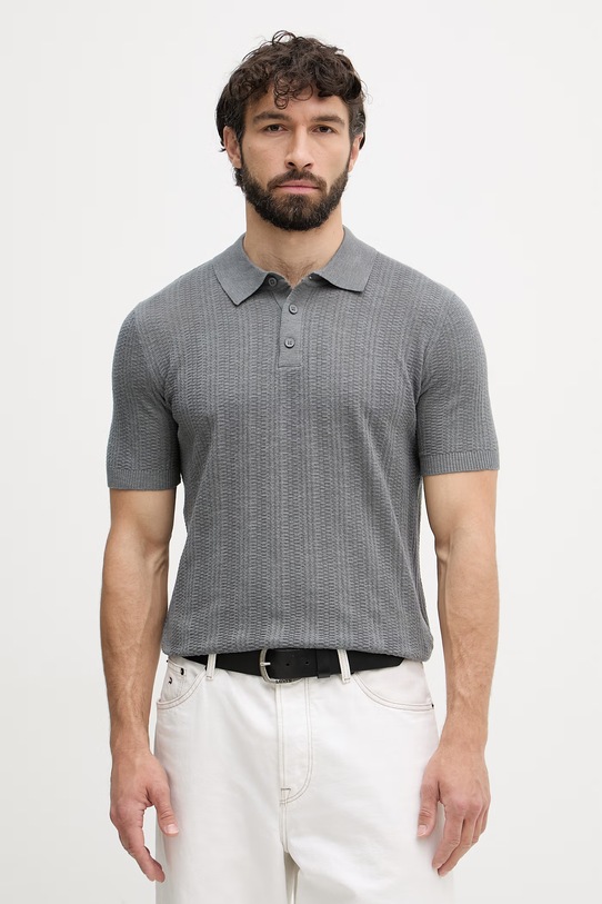 United Colors of Benetton πλεκτό μπλουζάκι πόλο ανδρικό με πρόσμιξη λινού γκρί 1DC3U301T