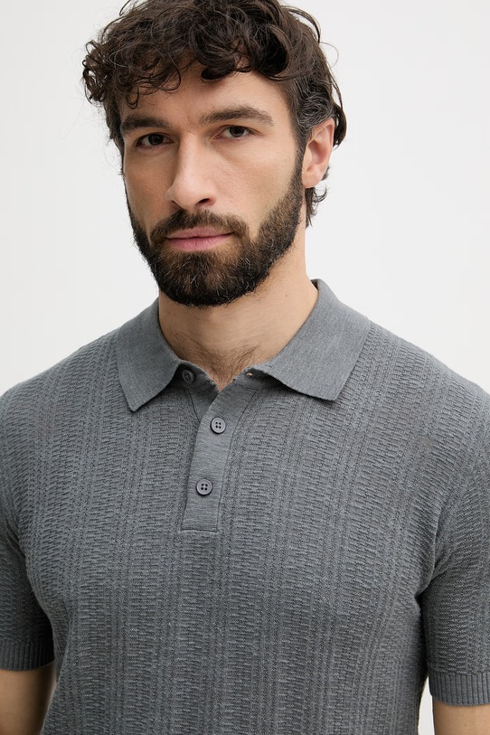 United Colors of Benetton πλεκτό μπλουζάκι πόλο ανδρικό με πρόσμιξη λινού γκρί 1DC3U301T