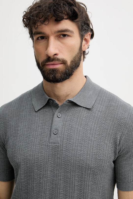 United Colors of Benetton πλεκτό μπλουζάκι πόλο ανδρικό με πρόσμιξη λινού γκρί 1DC3U301T
