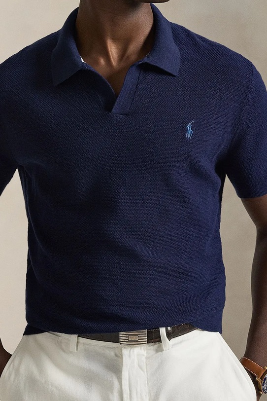 Polo Ralph Lauren polo z domieszką lnu granatowy 710B13891