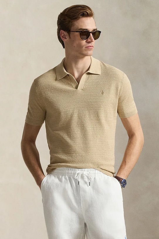 Polo Ralph Lauren polo z domieszką lnu regular brązowy 710B13891