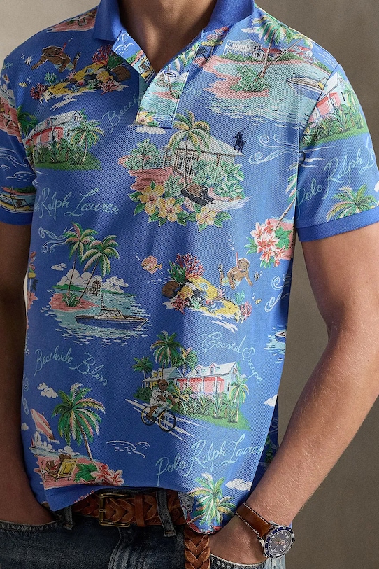 Памучна тениска с яка Polo Ralph Lauren син 710B14509