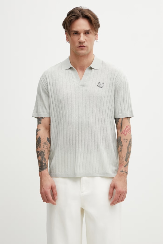 Maison Kitsuné polo męskie z lnem szary QM00203KT1198