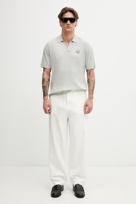 Maison Kitsuné polo męskie z lnem QM00203KT1198 szary