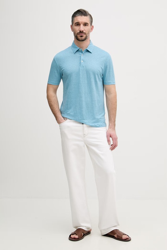 BOSS polo męskie lniane BOSS X DAVID BECKHAM 50560534 niebieski SS26