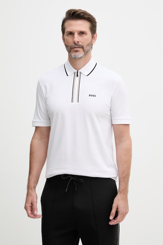BOSS Green polo tričko pánske bavlnené s elastanom biela 50555698