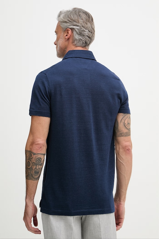 Дрехи Tommy Hilfiger тениска тип пулове с яка мъжка с лен NEW YORK MW0MW42679 тъмносин