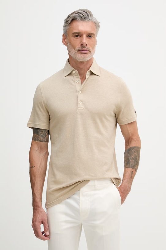 Tommy Hilfiger тениска тип пулове с яка мъжка с лен NEW YORK бежов MW0MW42679