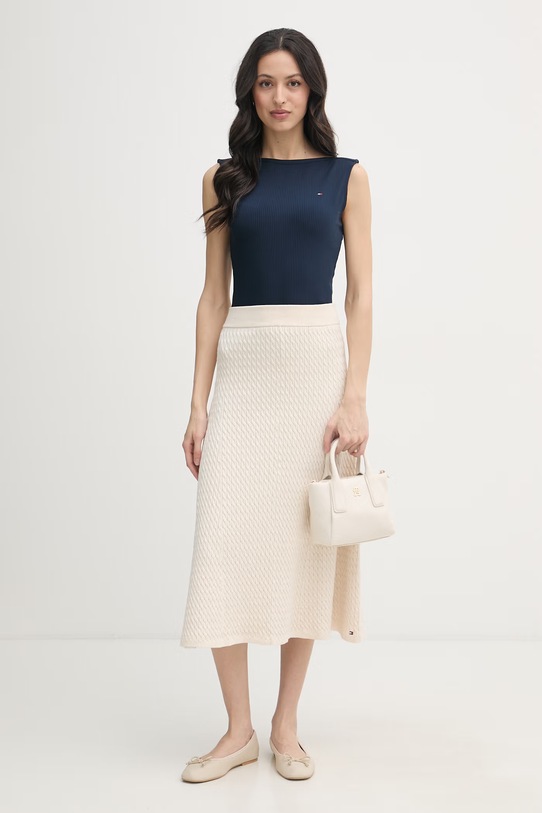 Tommy Hilfiger spódnica sweterkowa bawełniana WW0WW49614 beżowy SS26