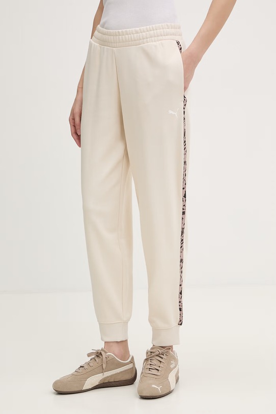 Puma spodnie dresowe damskie z bawełną Essential graphic animal beżowy 692464