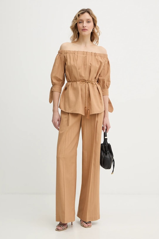 Twinset spodnie z domieszką lnu 261LB2QFF brązowy SS26