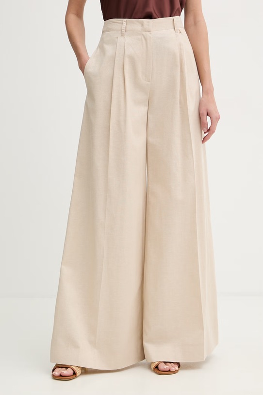 Twinset spodnie wide leg damskie z dodatkiem lnu beżowy 261AT2073