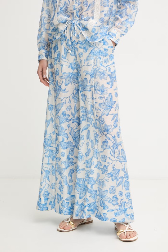 Twinset nohavice palazzo dámske s ľanom modrá 261LM2SBB