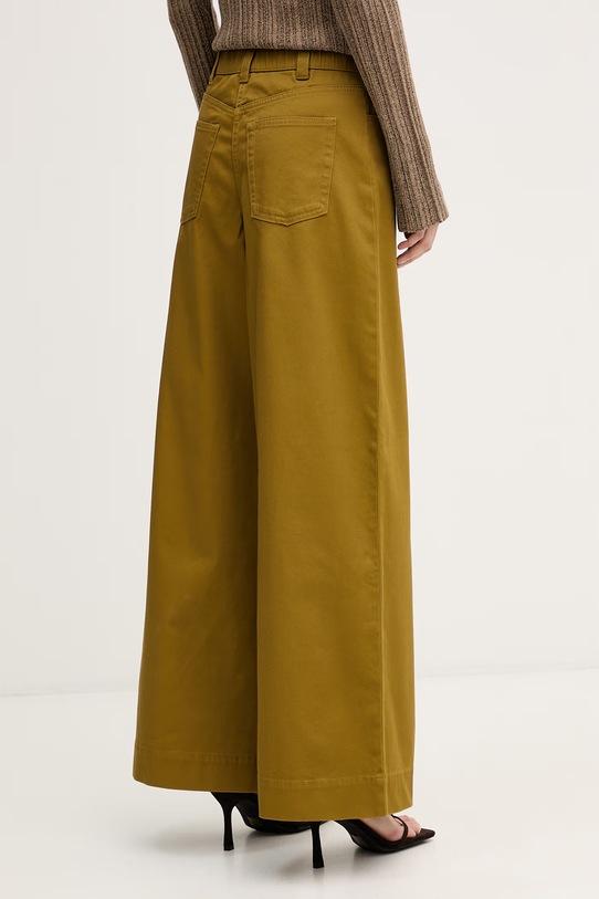 Oblačila Sisley hlače s širokimi hlačnicami ženske iz bombaža z elastanom 4LRBLE057 zelena