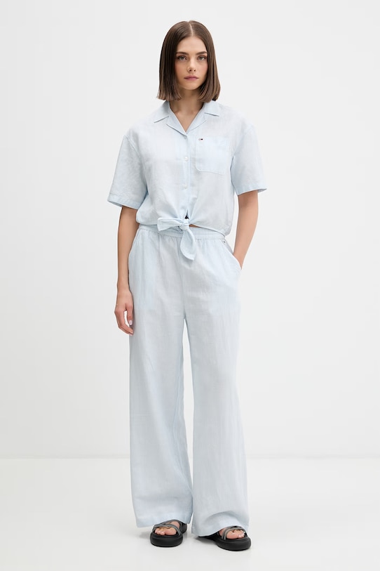 Tommy Jeans spodnie damskie z lnem DW0DW22285 niebieski SS26