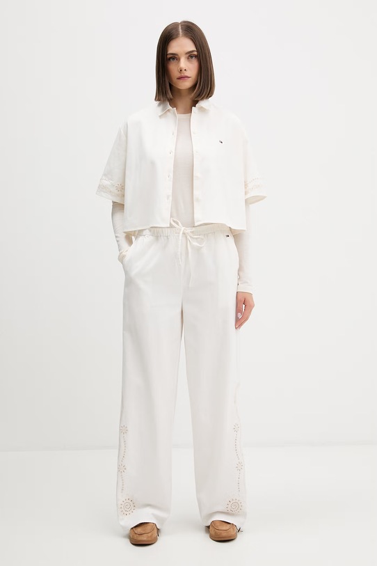 Tommy Jeans nohavice wide leg dámske s prímesou ľanu DW0DW22287 béžová SS26