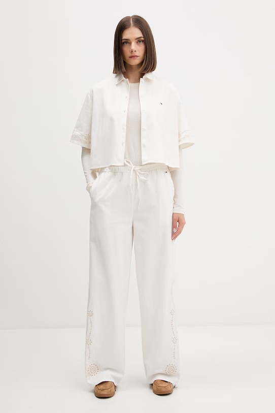 Tommy Jeans nohavice wide leg dámske s prímesou ľanu DW0DW22287 béžová SS26