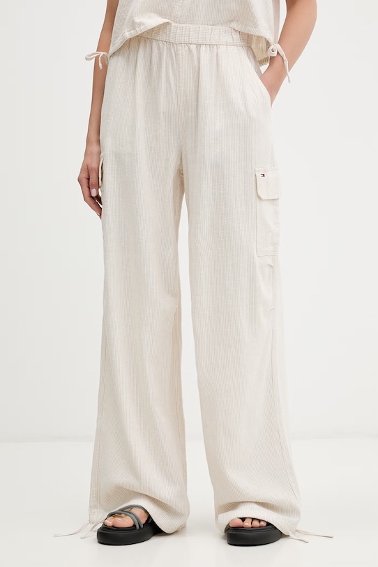 Tommy Jeans spodnie damskie z lnem beżowy DW0DW22290