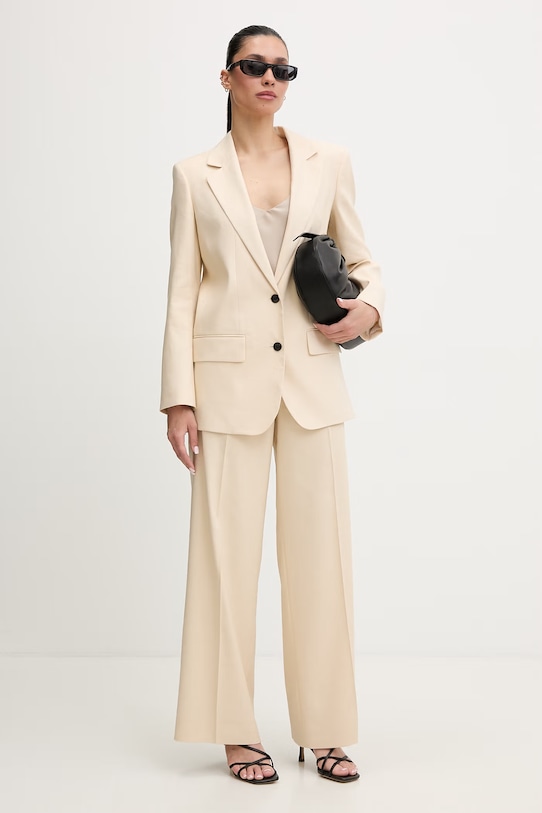 HUGO spodnie garniturowe damskie z dodatkiem lnu Halati 50559839 beżowy SS26