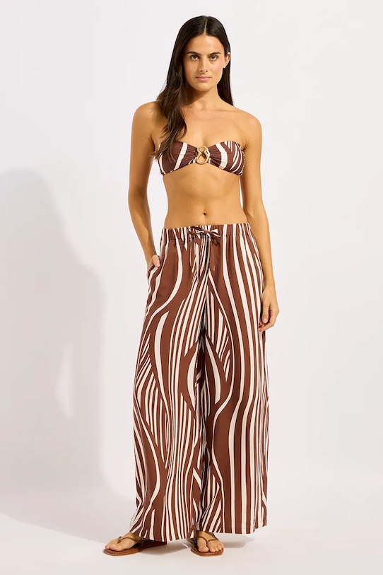 Seafolly kalhoty se širokými nohavicemi dámské Drawcord Wide hnědá 55541.PA