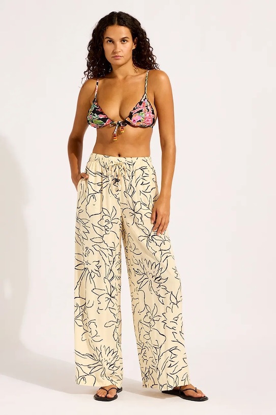 Seafolly kalhoty se širokými nohavicemi dámské z viskózy Drawcord Wide béžová 55631.PA