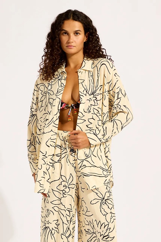 Seafolly kalhoty se širokými nohavicemi dámské z viskózy Drawcord Wide béžová 55631.PA