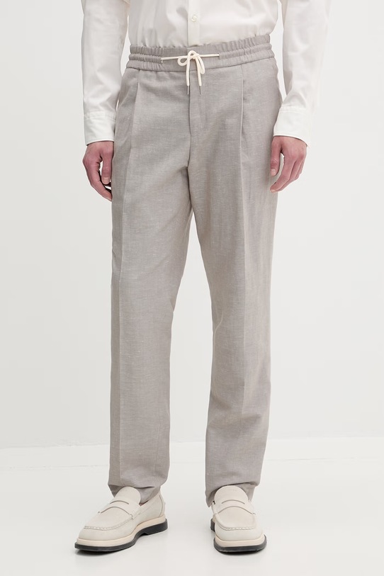 HUGO nohavice slim fit pánske s prímesou ľanu Getlin251F3 béžová 50559695