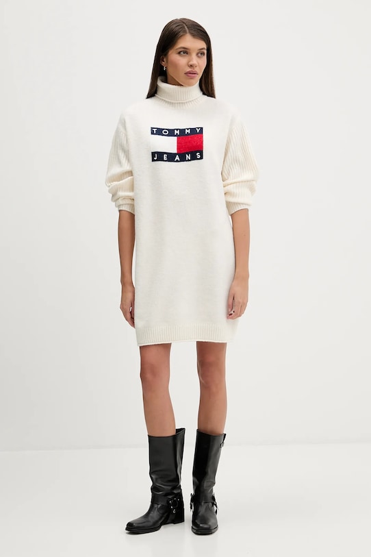 Tommy Jeans sukienka z domieszką wełny DW0DW21908 beżowy SS26