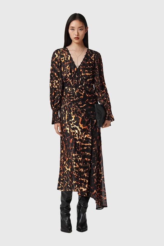 AllSaints sukienka z dodatkiem jedwabiu casual brązowy W102DD