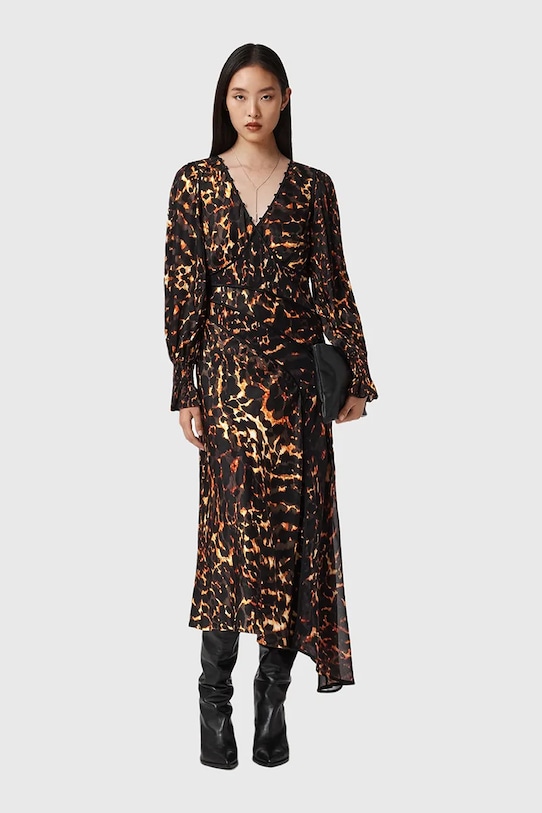 AllSaints sukienka z dodatkiem jedwabiu casual brązowy W102DD