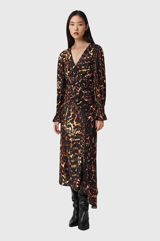 Odzież AllSaints sukienka z dodatkiem jedwabiu W102DD brązowy