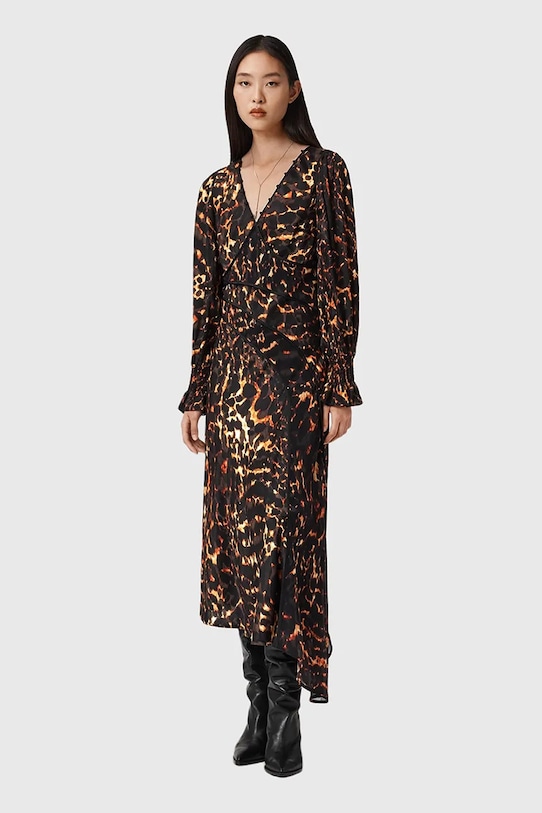 Odzież AllSaints sukienka z dodatkiem jedwabiu W102DD brązowy