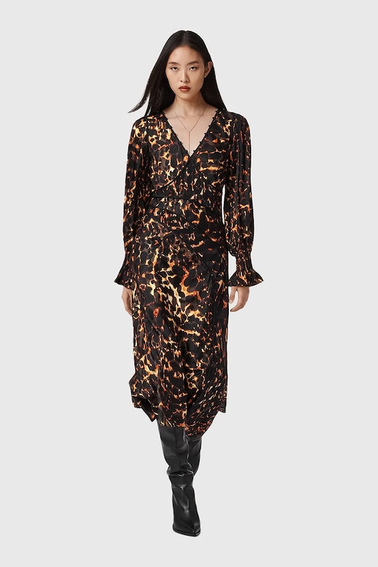 AllSaints sukienka z dodatkiem jedwabiu W102DD brązowy