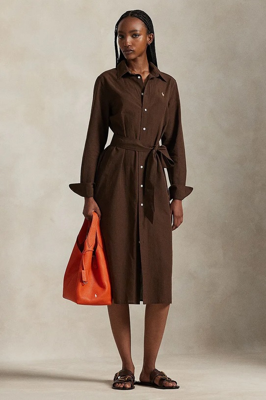 Polo Ralph Lauren sukienka z dodatkiem lnu casual brązowy 211A96346