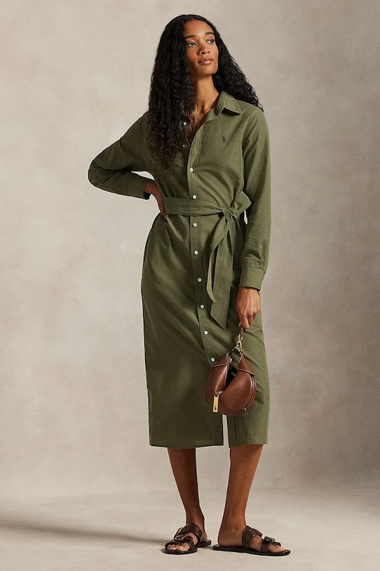 Polo Ralph Lauren sukienka z dodatkiem lnu casual zielony 211A96346