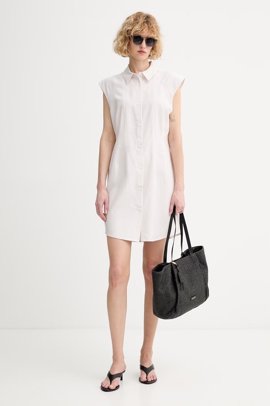 Calvin Klein лятна рокля с добавен лен LV044F015G бежов SS26