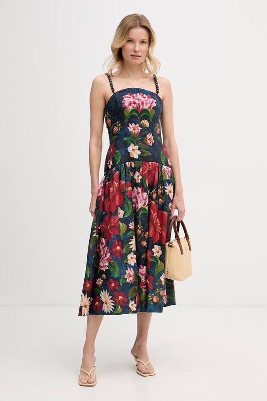 Barbour šaty s ľanom x Farm Rio LDR1030 tmavomodrá SS26