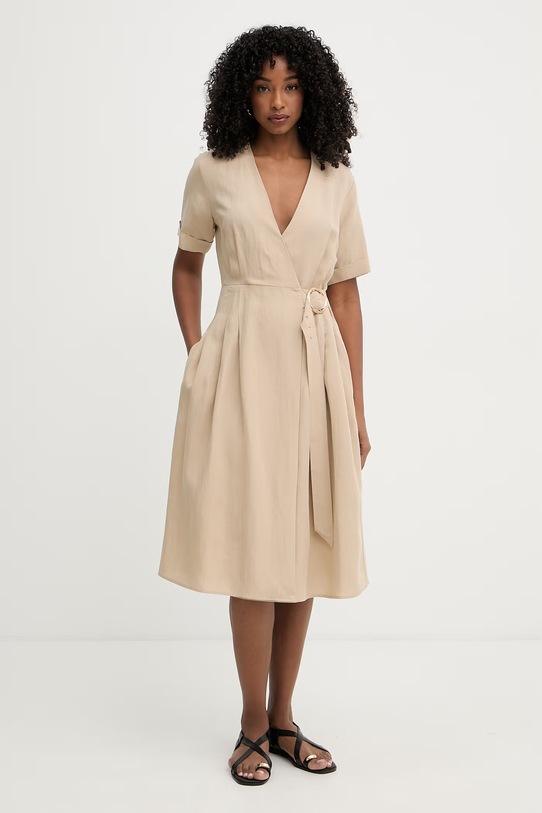 Twinset sukienka kopertowa z lnem beżowy 261TT2554