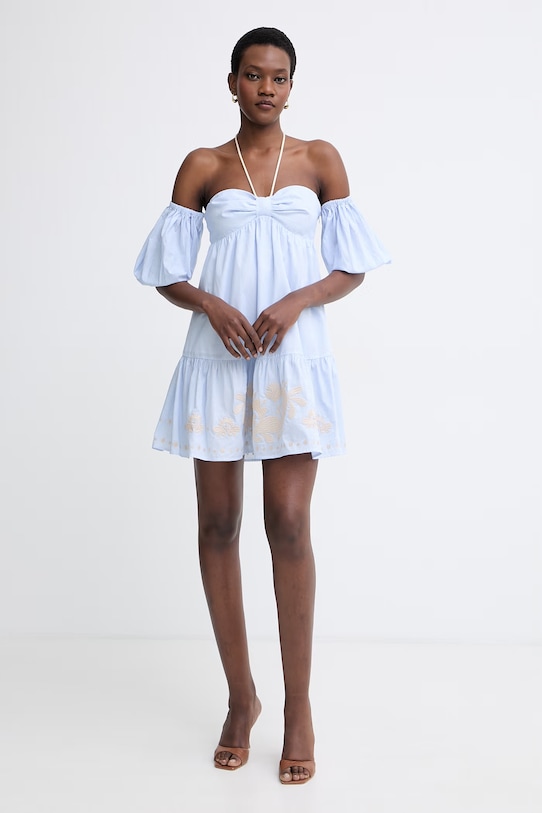 Twinset obleka z odkritimi rameni bombažna 261AT2041 modra SS26