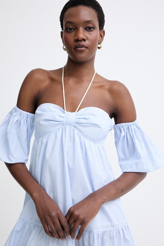 Twinset obleka z odkritimi rameni bombažna modra 261AT2041