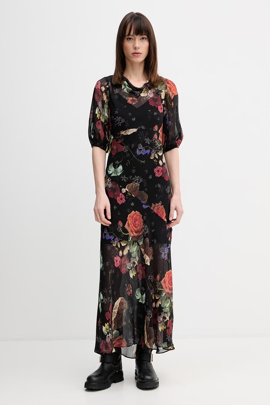 AllSaints sukienka z dodatkiem jedwabiu TIWA rozkloszowany czarny W013DE