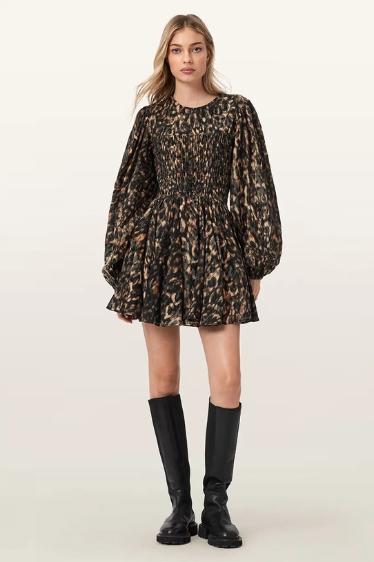 Odzież AllSaints sukienka rozkloszowana bawełniana CHIA W014DE brązowy