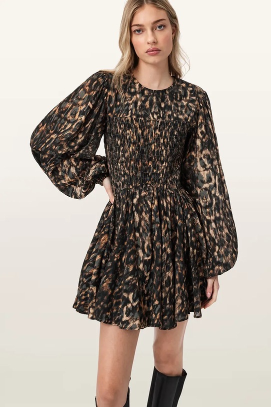 AllSaints sukienka rozkloszowana bawełniana CHIA brązowy W014DE